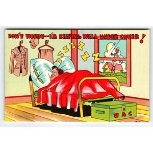 Vintage Linen WAC Comic Postcard 'I'm Keeping Well Under Cover' 1950s